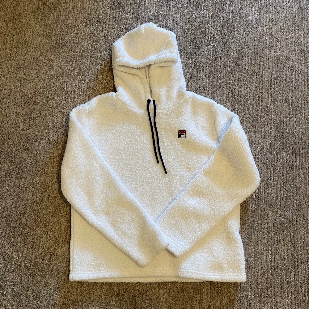 Fila Sherpa Hoodie White with navy drawstring at‎ neckline